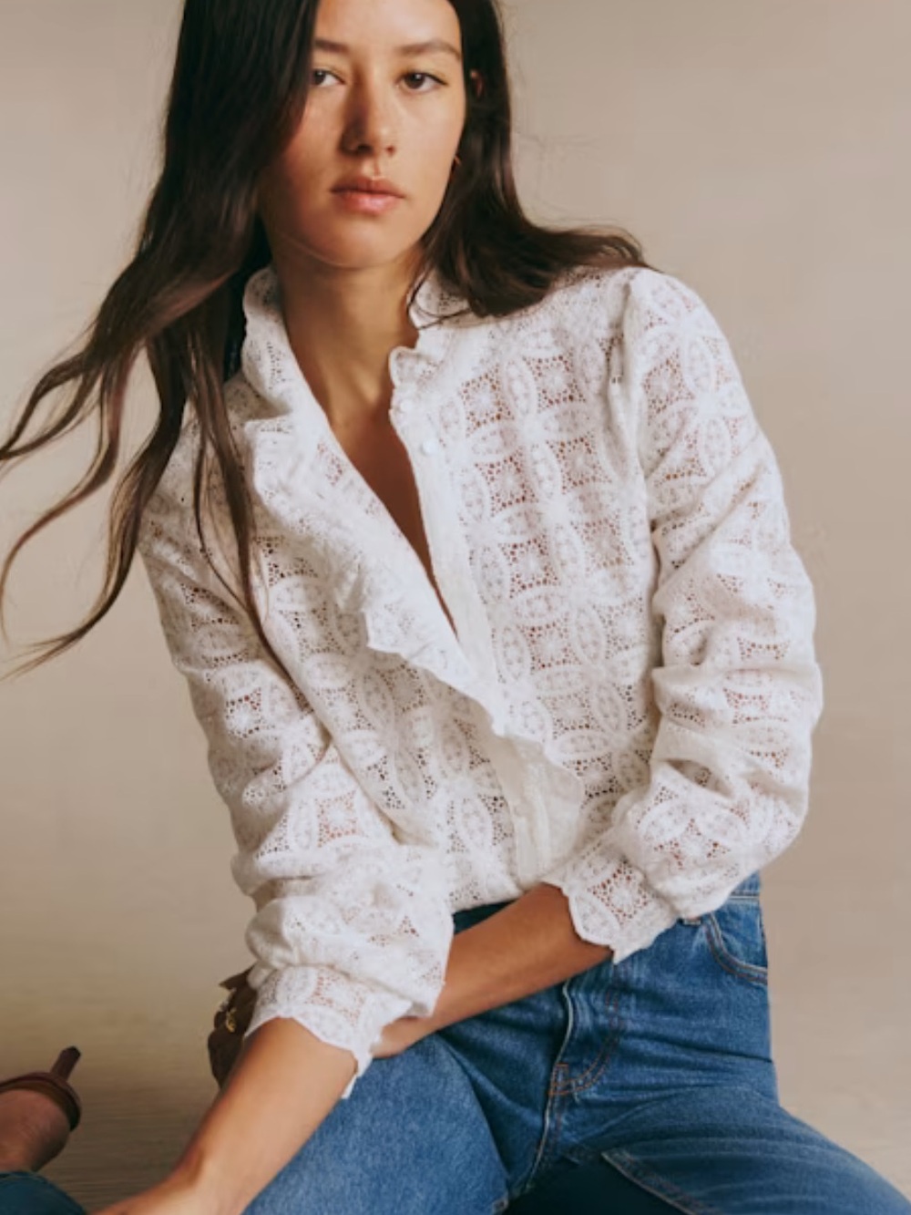 Sezane White Lace Ruffle-Trim Blouse